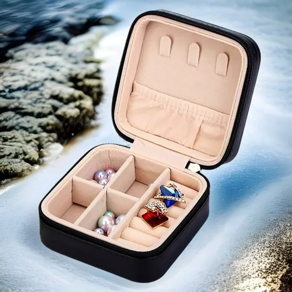 ❀ Black Jewelry Box Storage Organizer Zipper Travel Case Pouch - Picture 1 of 7